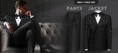 B02 Luxury 2 Pieces Set Men's Suits  Beaded Crystals Notched Lapel Groom Wedding  Formal Party Prom Tuxedo Wedding Groom