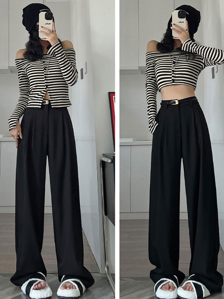 2024 Fall Winter Elegant Gray Suits Pants for Women Office Lady High Waist Wide Leg Fashion Trousers with Pockets Black Pants