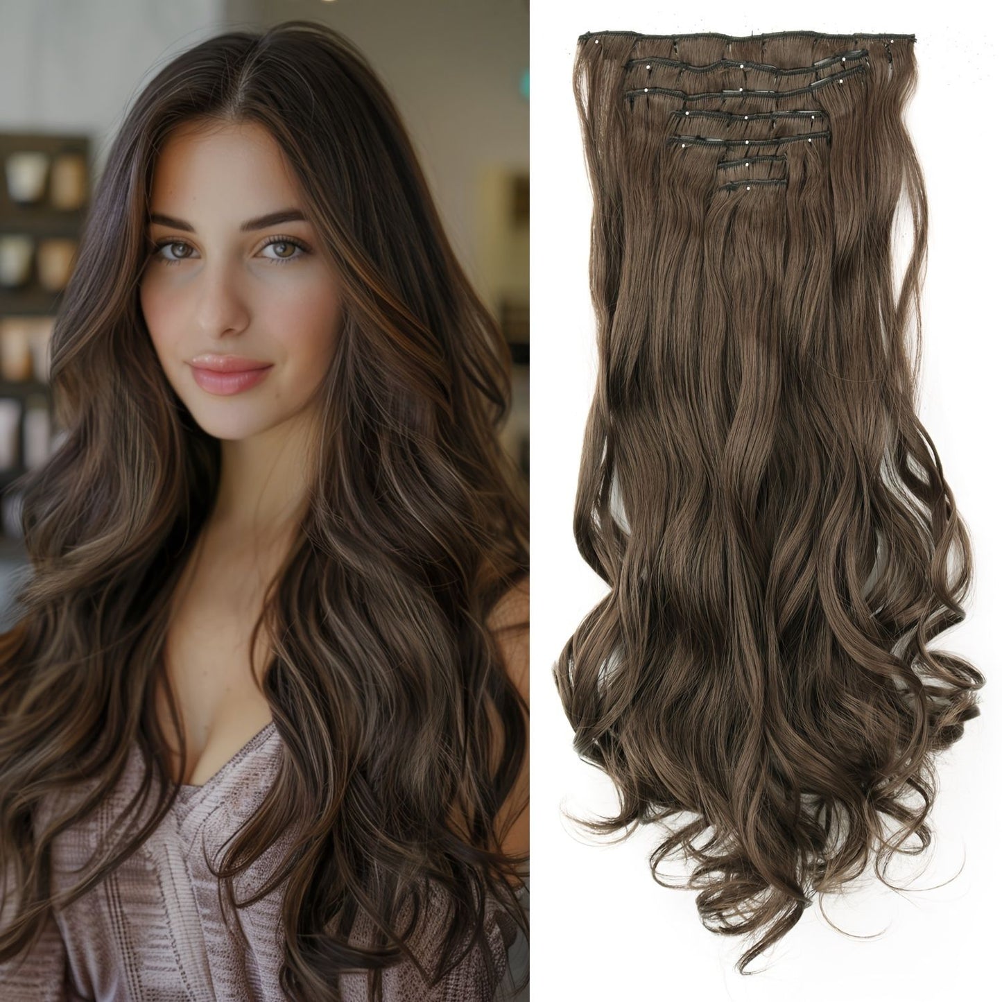 7 peças/conjunto de aplique de cabelo com 16 grampos, preto, longo e liso, cabelo natural, aplique de cabelo ombre, fibra resistente ao calor para penteado feminino