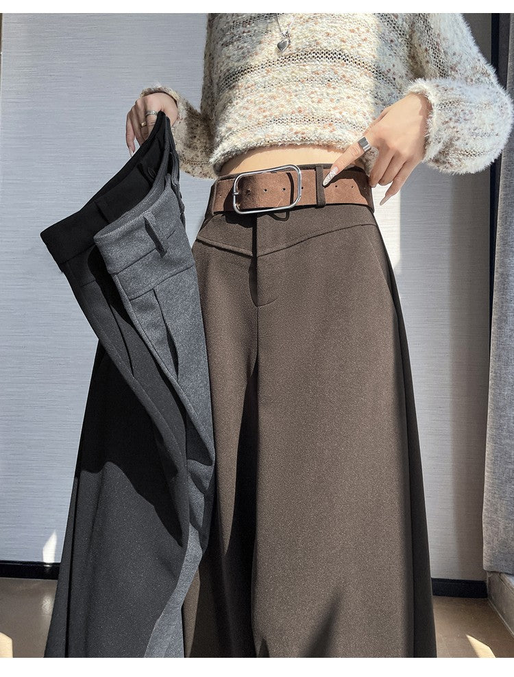 Grey Woolen Wide-leg Suit Pants Women 2025fall Winter New High-waisted Draping Straight-leg Casual Floor-length Thick Trouser