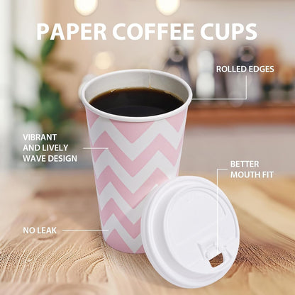 100 PACK 12OZ Disposable Coffee Cups with Lids, To Go Coffee Cups with Lids Leak Proof, Pink Paper Cups for Cold/Hot Bev