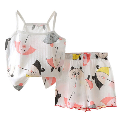 2 Pcs 2025 Summer Girl's Pajamas Sets Loungewear Set Strap Sleepwear Pants Skirt Baby Girl Clothes Sleeveless Children's Clothes