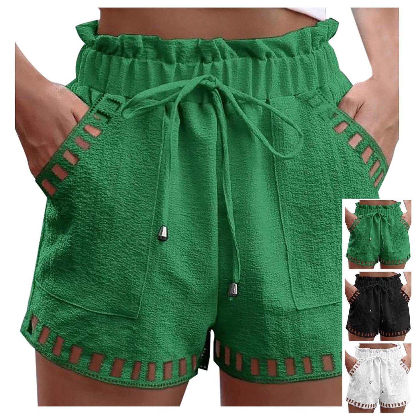 Cotton Linen Shorts Women'S Pants Solid Color Thin Hollow Out Design Trim Pocket Tight Waist Shorts Beachwear White Clothes