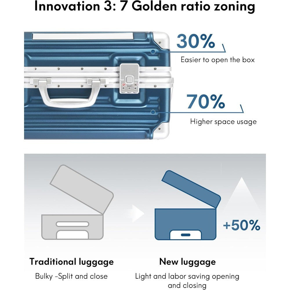 Gorgeous Gem-Blue 3/7 Split Opening Zipperless Aluminum Frame Suitcase, Higher Volume 22x14x9, Airline Approved Carry-On Luggage