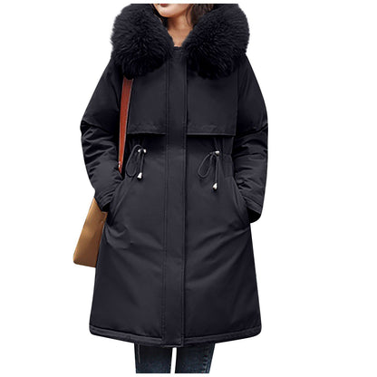 Ladies' Casual Warm And Versatile Large Fur Collar Solid Color Thick Cotton Coat Jacket For Outdoor Daily Wear