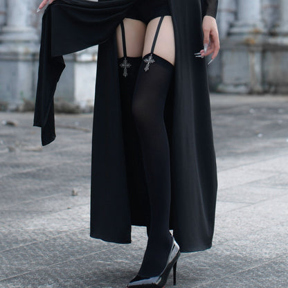 Sexy Nun Cosplay Costume Gothic Black Split Long Dress with Head Veil Halloween Carnival Party Fancy Dress for Women Nun