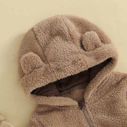 0-12M Baby Plush Warm Jumpsuits Boys Girls Long Sleeve Hooded Zipper Romper Newborn Infant Fall Winter Clothes