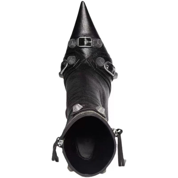 Autumn Winter Women Ankle Boots Sexy Pointed Toe Pole Dance High Heels Pumps Fashion Zip Rivet Chelsea Thin Shoes Female D171