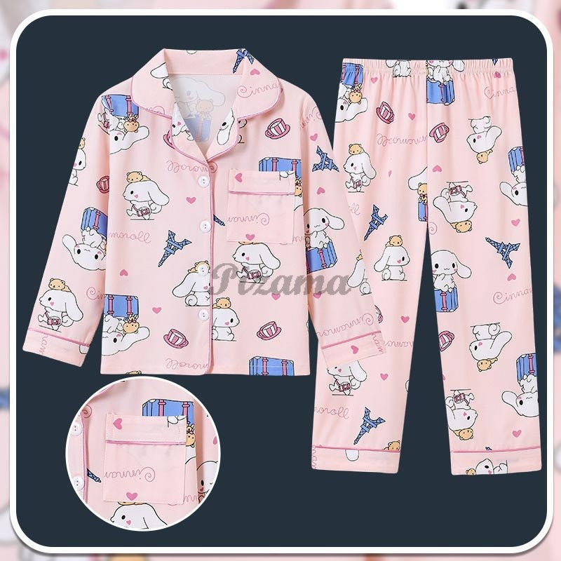 Children's Full Sleeve Button Down 2piece Kuromi Girls Pajamas Sets Boys Cinnamorolls Pyjamas Suits Kids Loungewear Homewear