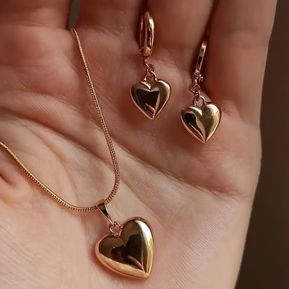 Conjunto de Joias Brinco e Colar Coração Banhado a Ouro Brilhante para Mulheres, Acessórios Delicados para o Dia a Dia