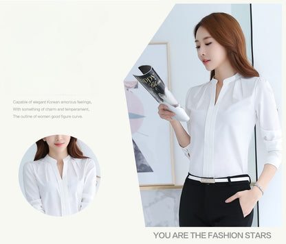 Chiffon Blouse Women Korean Fashion Women Clothing White Shirt  Long Sleeve Blouses V-neck Womens Tops Basic Shirts and Blouses