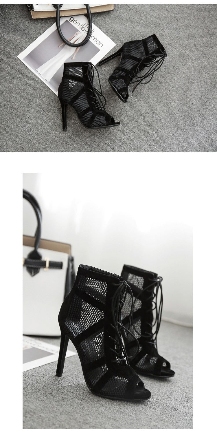 Black Sexy Lace Up Cross-tied Women Shoes Comfort High Quality Thin Heels Open Toe Dancing Sandals Ankle Strap Hollow Out Pumps