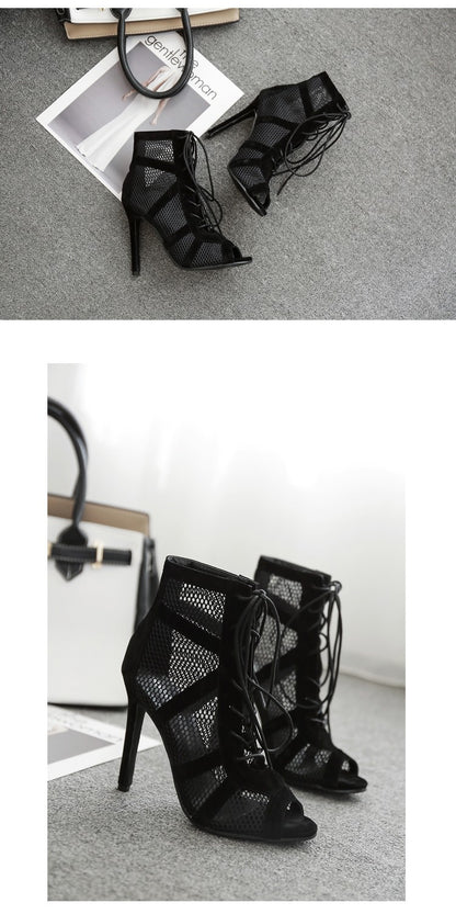 Black Sexy Lace Up Cross-tied Women Shoes Comfort High Quality Thin Heels Open Toe Dancing Sandals Ankle Strap Hollow Out Pumps