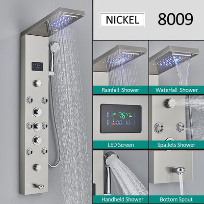 Sistema de Torre de Painel de Chuveiro de LED Coluna de Chuveiro de Cascata de Chuva com Tela LCD de Hidroeletricidade com Torneira de Chuveiro de Spa de Corpo com Massagem