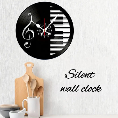 Music Notes Wooden Round Silent Hanging Wall Clock, Suitable For Living Room, Office, Study Room, Bedroom, Home Decoration