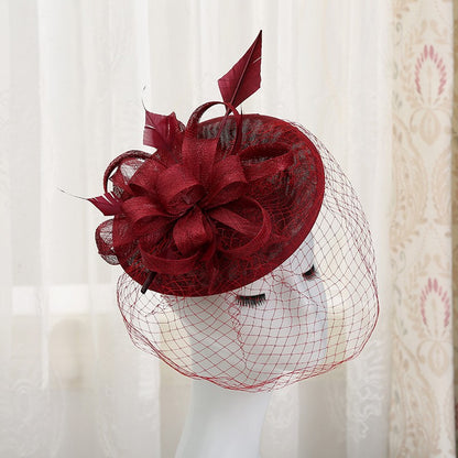 Chapéu de sol de aba grande com design de padrão de fio de cânhamo duplo, acessórios de pena, elegante chapéu de banquete, chapéu de praia para casamento ou férias, chapéu equestre