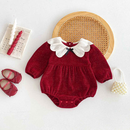 Newborn Christmas Red Clothes Autumn Kids Baby Girls Sweet Petal Collar Princess Rompers Infant New Baby Girls Rompers Clothes