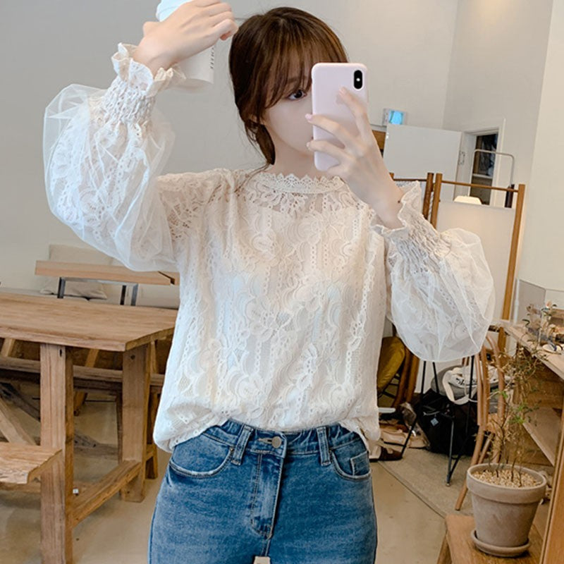 Mesh Lace Women Blouse Fashion Office Lady Long Sleeve Elegant Shirts Casual Loose Sweet Tops