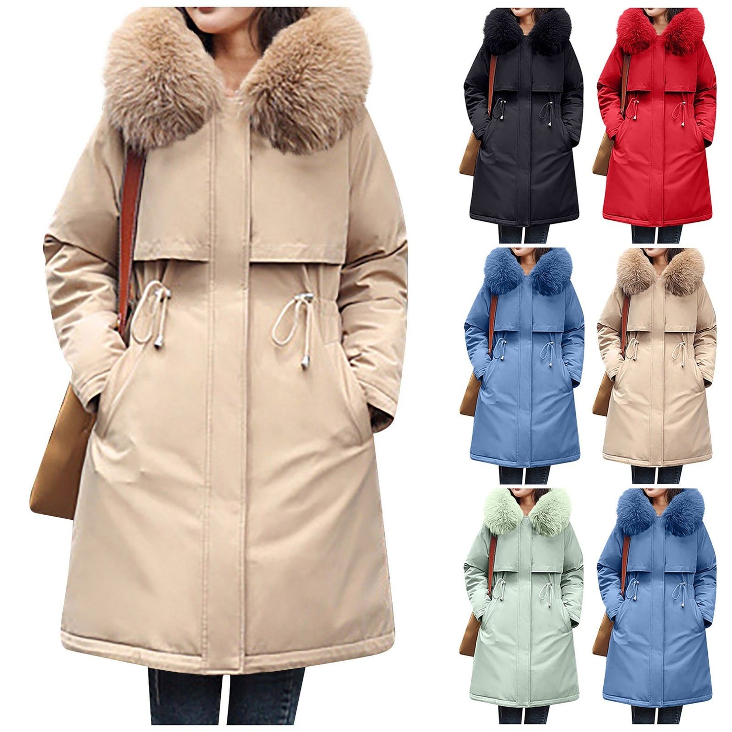 Ladies' Casual Warm And Versatile Large Fur Collar Solid Color Thick Cotton Coat Jacket For Outdoor Daily Wear