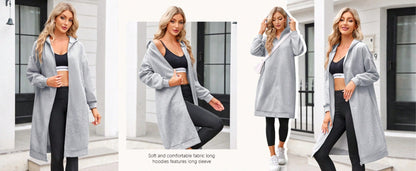 Fisoew lined Winter Coat Women Zip Up Hoodie Warm Long Tunic Sweatshirt With Pockets Outdoor Streetwear Jacket