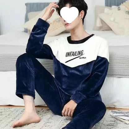 Thickened Flannel Sleepwear Set for Men Winter Home Clothes Coral Fleece Lined Autumn Winter Style Overhead Mens Nightgown