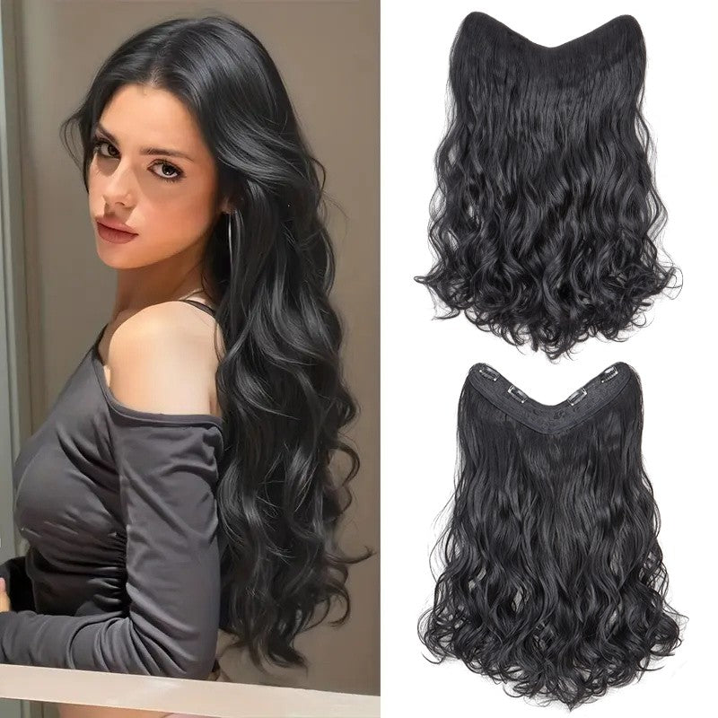 Extensão de Cabelo Sintético Longo Cacheado 24 polegadas em V Peça Única Fofa Invisível Castanho Preto para Mulheres