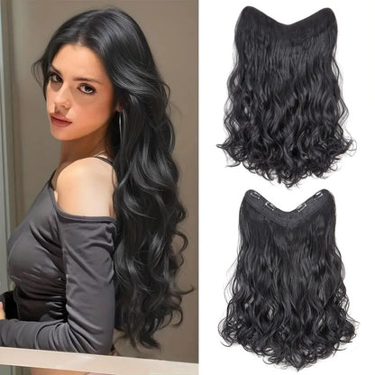 Extensão de Cabelo Sintético Longo Cacheado 24 polegadas em V Peça Única Fofa Invisível Castanho Preto para Mulheres