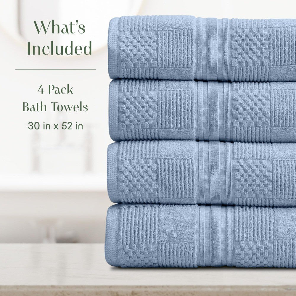 100% Cotton Bath Towel Set of 4 Blue Towels Geometric Textured Design Absorbent & Quick-Dry 4 Bath Towel