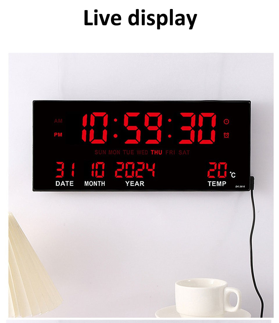 Digital Large Wall Clock Alarm Temperature Date Calendar Display 8 Sets of Alarm Clocks 14'' Electronic LED Clock Plug in Use