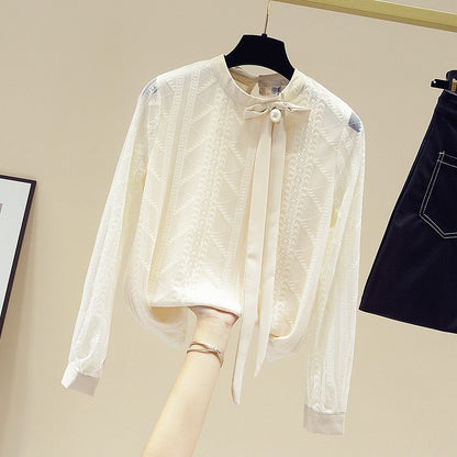 Women Blouse Shirt New Long Sleeve Stand Collar Elegant Lace-up Blouse Shirt Women Tops Blouses Shirts Blusas Camisas 2025 Q687