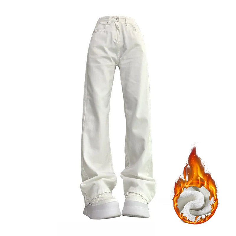 Winter Girls Fleece Thermal High Waist Jeans Female Snow Warm Plush Denim Pants Lady Casual Daily Straight Leg Trousers