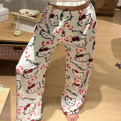 Calça de Pijama Hello Kitty Y2K Sanrio Anime Feminina Calças de Pijama Desenho Animado Moda Roupa de Dormir Calças de Lazer Roupa de Casa