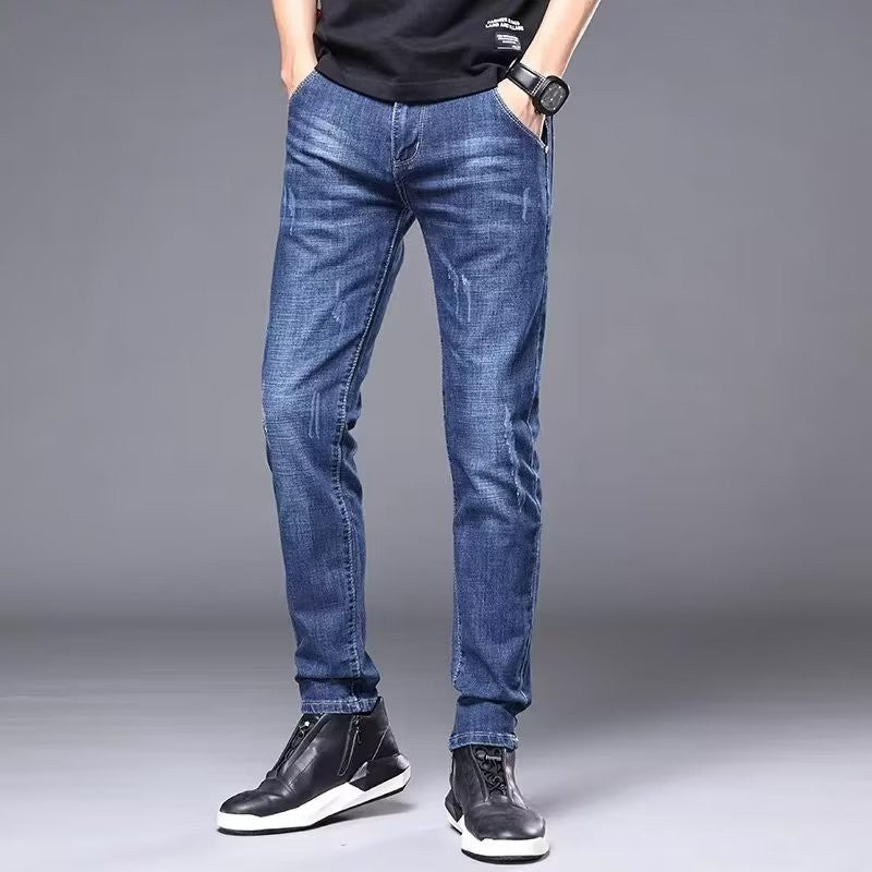 Men's Stylish Classic Business Casual Jeans Four Seasons Wear Black Blue Pants Middle-waist Leggings Denim Fabric Trousers Male