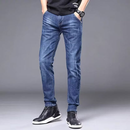 Men's Stylish Classic Business Casual Jeans Four Seasons Wear Black Blue Pants Middle-waist Leggings Denim Fabric Trousers Male