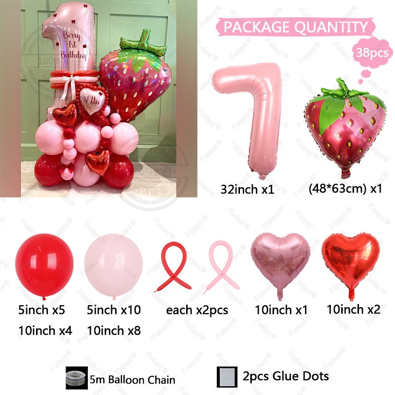 38pcs Strawberry Balloon Pink Number Birthday Balloon Set Fruit Theme Party Decoration Festival Balloon Photography Props