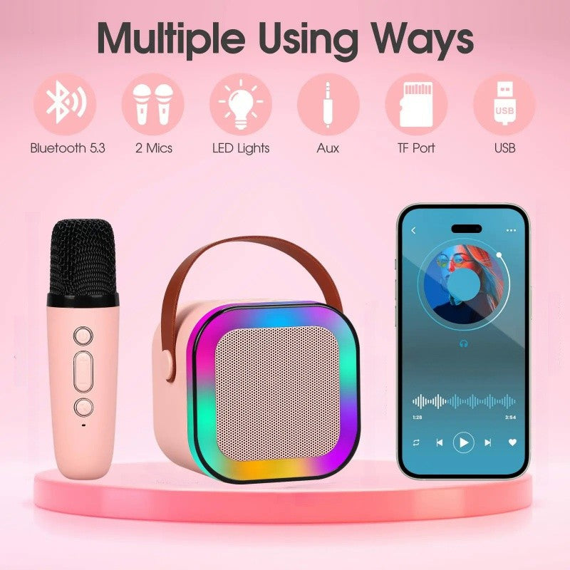 Caixa de Som Bluetooth Sem Fio K12 com 2 Microfones RGB Portátil Karaokê para Cantar em Família Presente para Crianças
