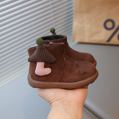 Christmas Children's Snow Boots PU Leather Vintage Girl's Plush Boots Anti-slippery Kid's Warm Padded Boots Cotton Shoes