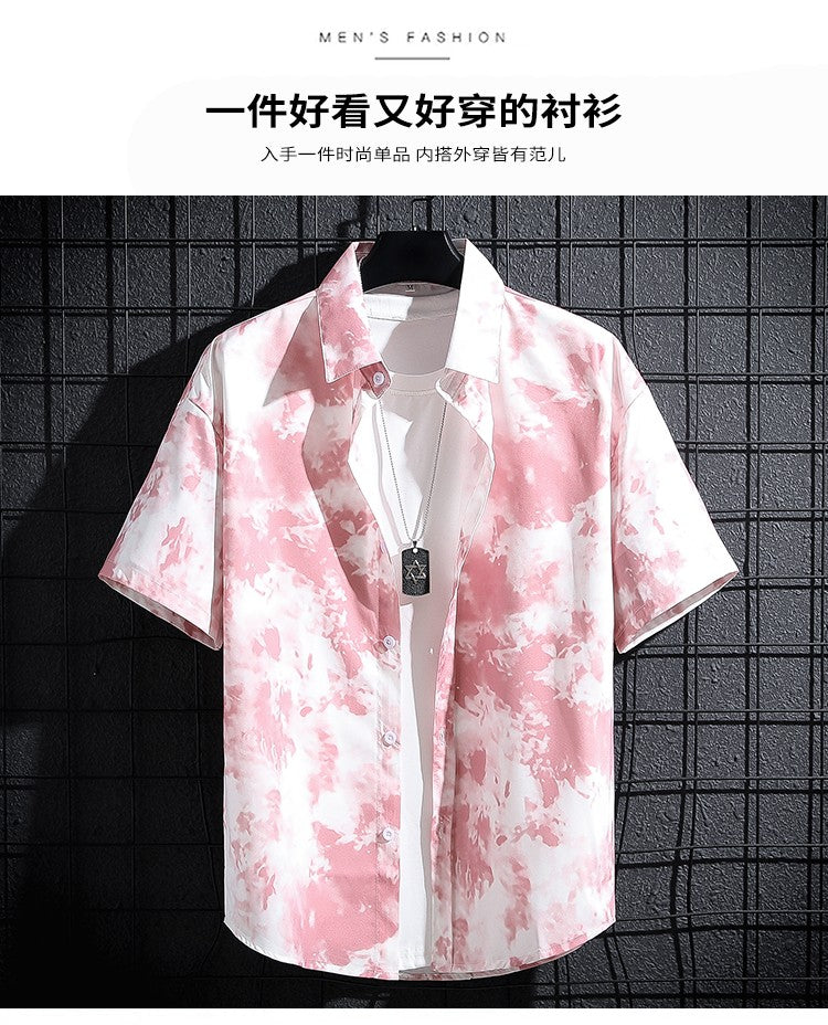 Men's Shirt Summer Casual Fashion Short Sleeve 3D Printed Denim Red Kitten Print Men's Hawaiian Lapel Single Breasted Shirt