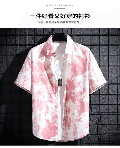 Men's Shirt Summer Casual Fashion Short Sleeve 3D Printed Denim Red Kitten Print Men's Hawaiian Lapel Single Breasted Shirt