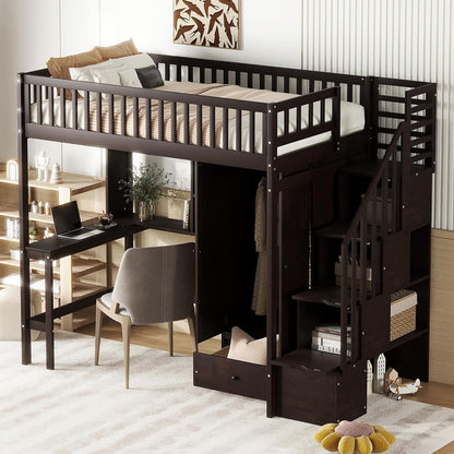 Designs Twin Loft Bed with Stairs, Wardrobe, Desk, Bookshelf and Drawers, Solid Wood Loft Bed Frame with Storage - Espresso