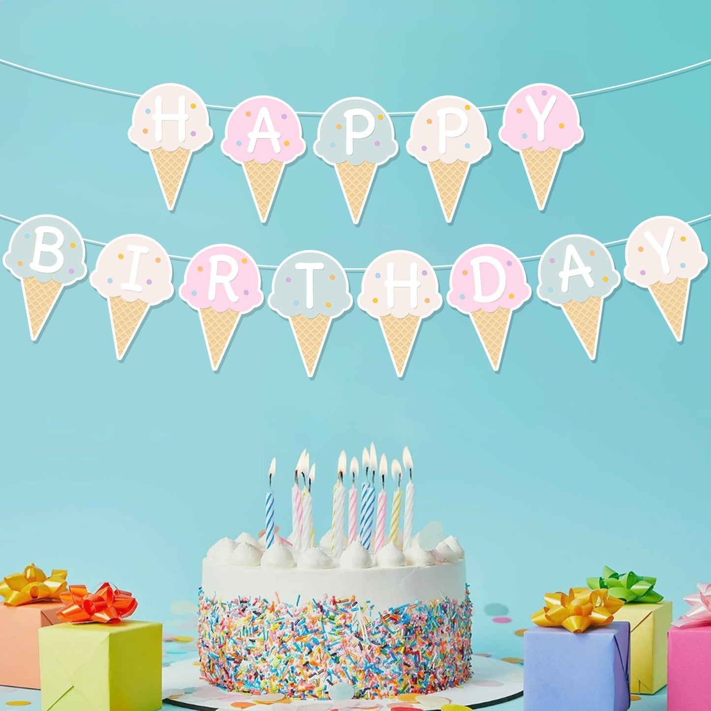 Colorful Paper Banners Ice Cream Shape Pull Flag Party Bunting Milk Tea Summer Theme Garland Decorative