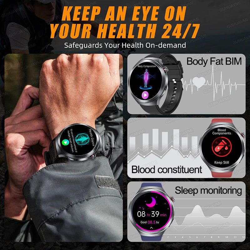 Relógio Inteligente Smartwatch Masculino 2026 Health Tracker com Safira e Medição de Ácido Úrico, Gordura Sanguínea, Pressão Arterial e ECG+PPG com Análise Corporal