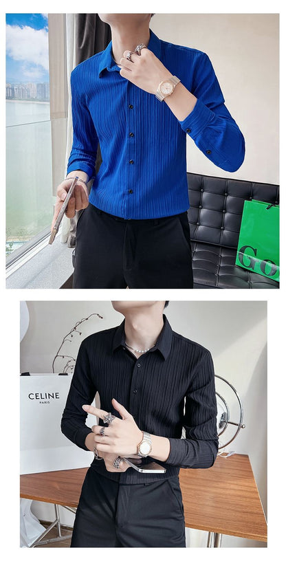 Streetwear Fashion Korean Clothing Solid Shirts Spring Autumn Men Long Sleeve Striped Lapel Single Sockets Business Casual Tops