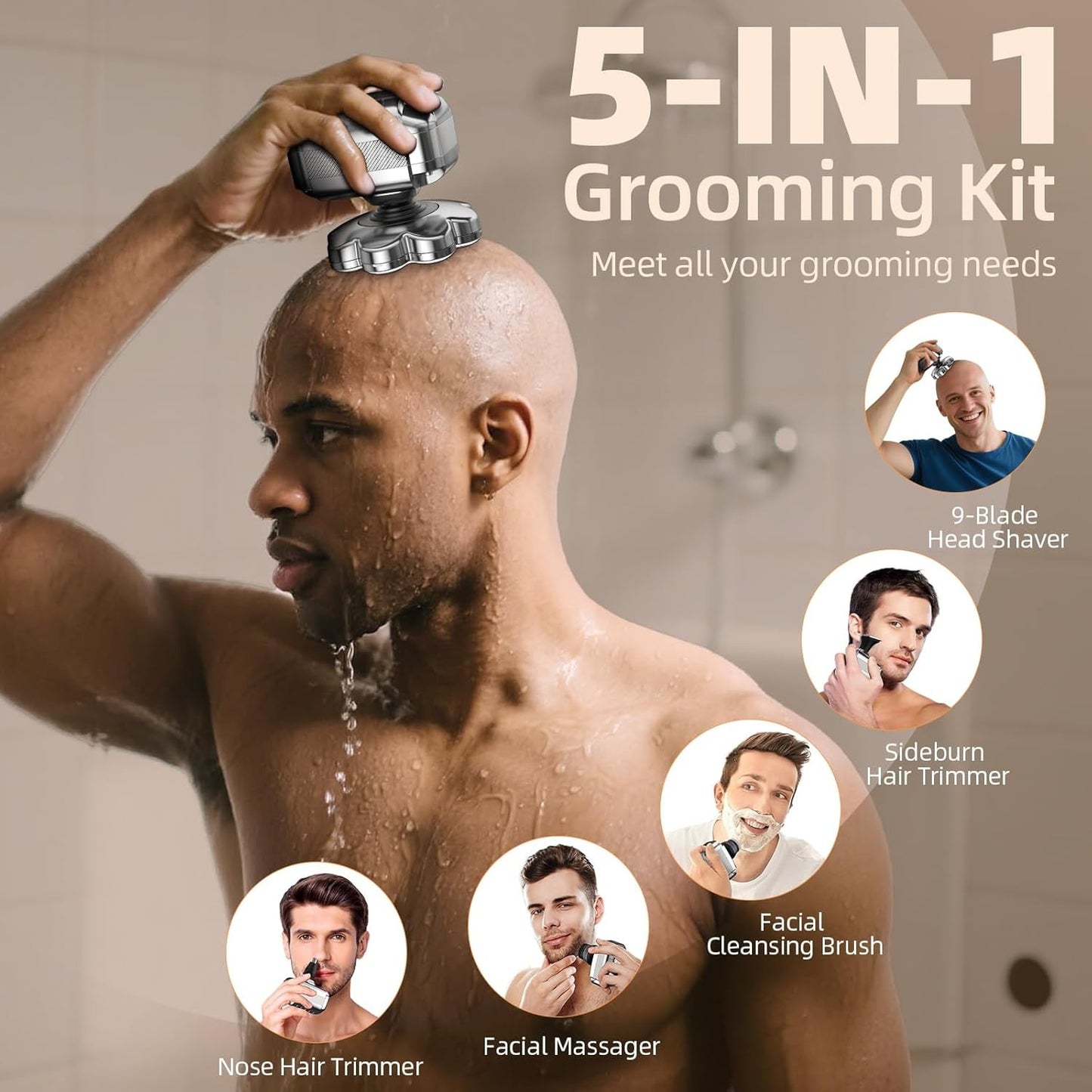 9D Head Shavers for Bald Men 5 in 1 Detachable Head Razor IPX7 Waterproof Wet Dry Rechargeable Electric Shavers for Men