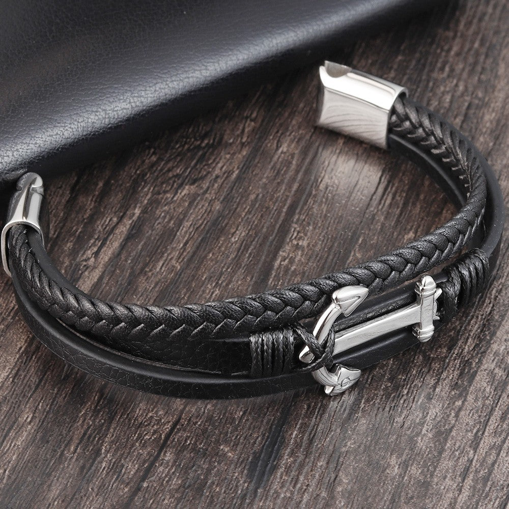 Pulseiras de Âncora Punk de Aço Inoxidável Pulseira de Couro Genuíno e Braceletes Masculinos Joias Pretas Presente de Moda