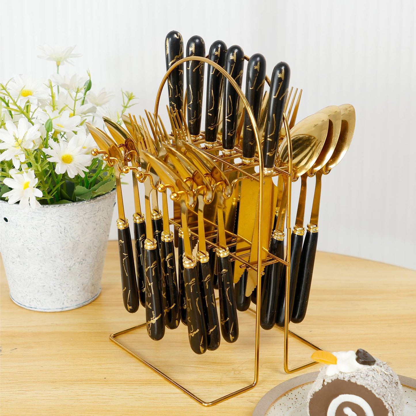 24Pcs Silverware Set with Hanging Holder Stainless Steel Flatware Set Mirror Polished Forks Knives Spoon Tableware Set for Home