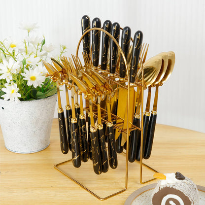 24Pcs Silverware Set with Hanging Holder Stainless Steel Flatware Set Mirror Polished Forks Knives Spoon Tableware Set for Home