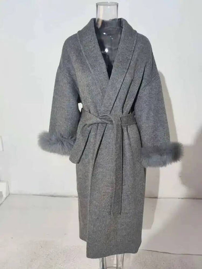 UCXQ Casaco Feminino Elegante OL para Escritório com Retalhos de Pelo Manga Comprida Lã Jaqueta de Roupa Feminina Bonita Outono Inverno 2025
