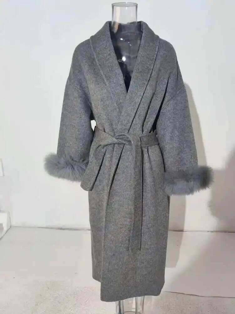 UCXQ Casaco Feminino Elegante OL para Escritório com Retalhos de Pelo Manga Comprida Lã Jaqueta de Roupa Feminina Bonita Outono Inverno 2025