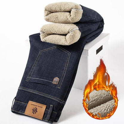 Calça Jeans Masculina de Inverno Forrada com Lã Grossa Calça Jeans Masculina de Cintura Solta Reta Slim Fit Calça Social Casual Confortável